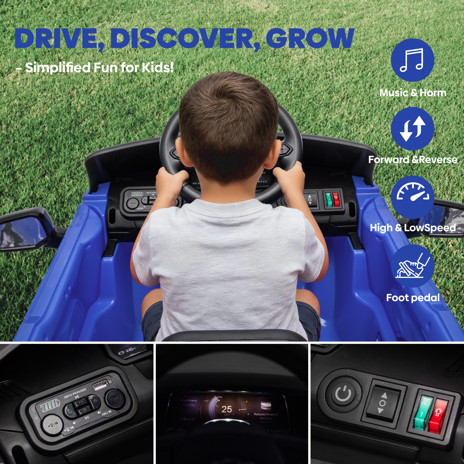 OROFULL 24V Licensed Chevrolet Electric Ride On Car with Remote, LED Lights, MP3, Safety Belt for Toddlers, Boys and Girls,Blue