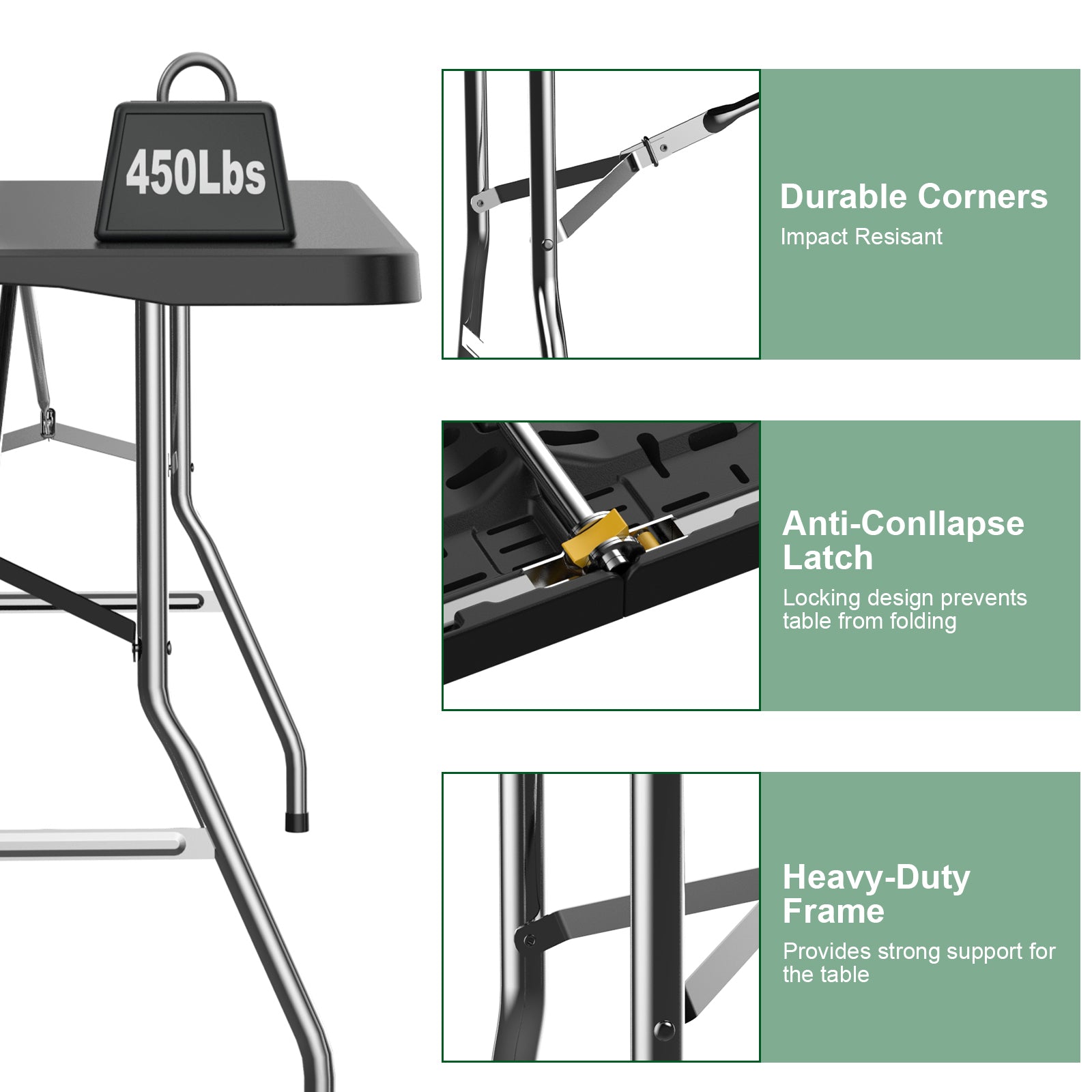 OROFULL 6ft Folding Table, Heavy Duty Portable Plastic Utility Table with Carry Handle, Waterproof Foldable Table for Party Camping Picnic Dining Indoor Outdoor, Black