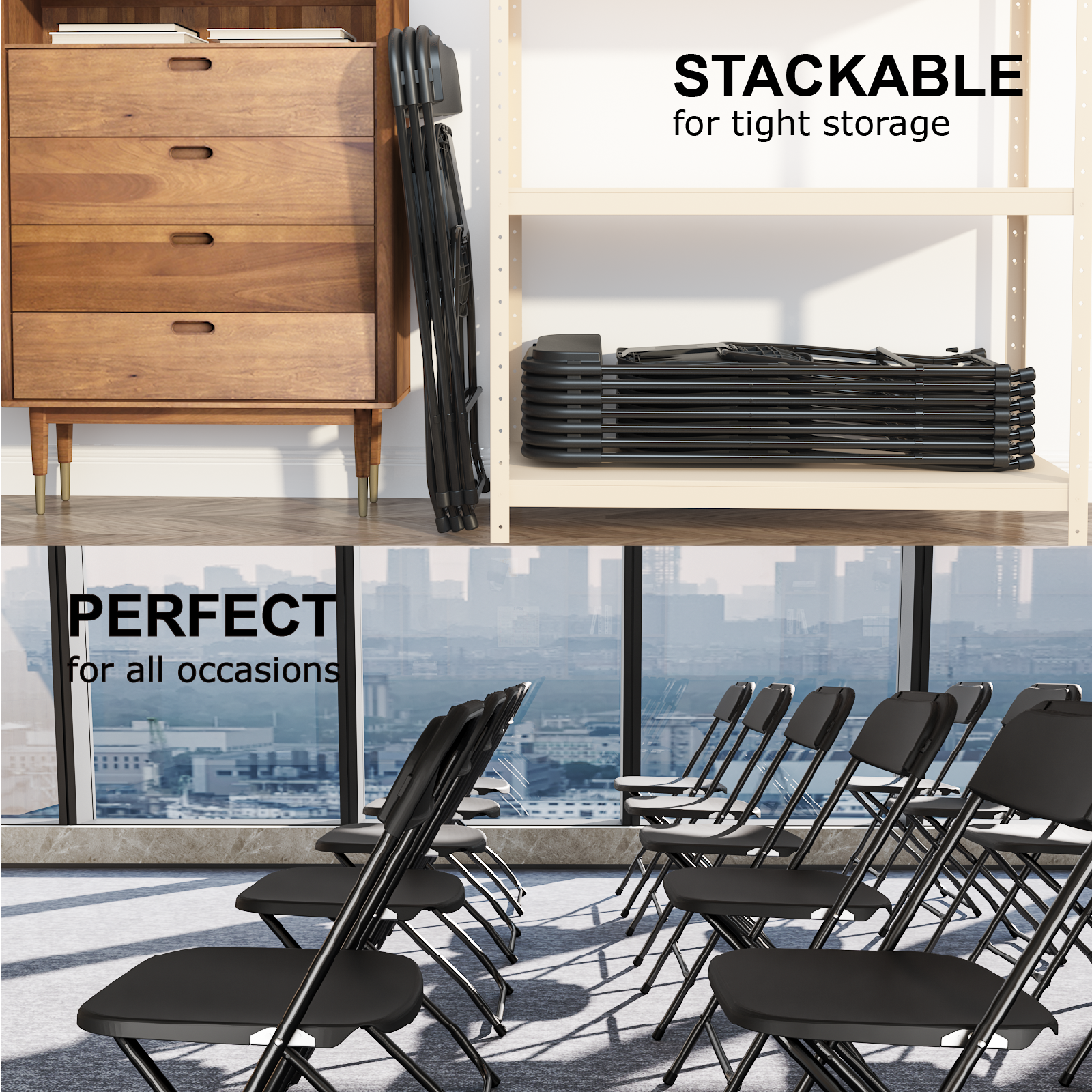 OROFULL 100 Pack Plastic Folding Chair, 350lb Capacity Stackable Event Chair with Steel Frame for Indoor Outdoor Wedding Party, Black