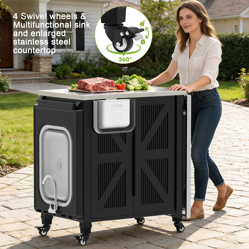 OROFULL 3-in-1 Outdoor Grill Cart with Storage Cabinet, Movable BBQ Prep Station with Stainless Steel Tabletop & Foldable Sink for Patio, Black