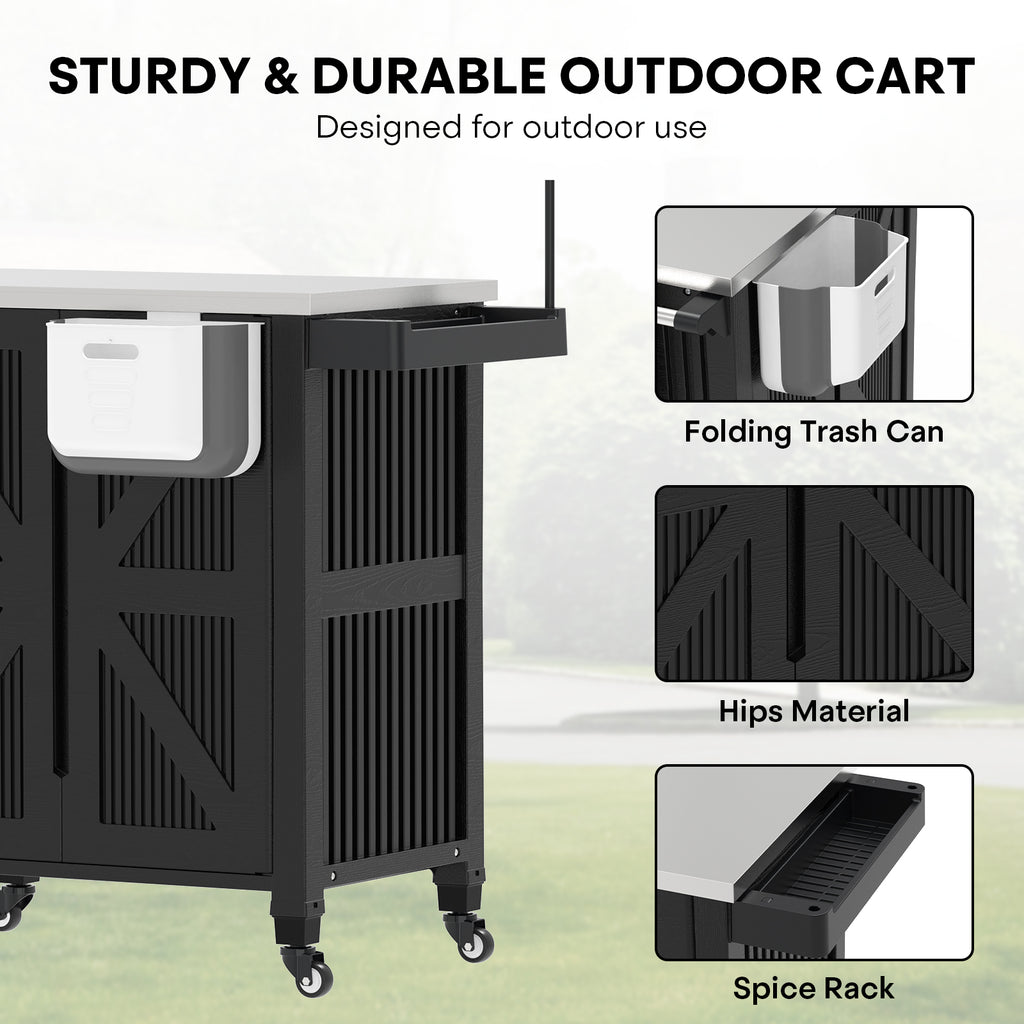 OROFULL Outdoor Grill Cart with Stainless Steel Tabletop, Movable BBQ Prep Table with Storage Cabinet & Lockable Wheels for Patio, Backyard, Black