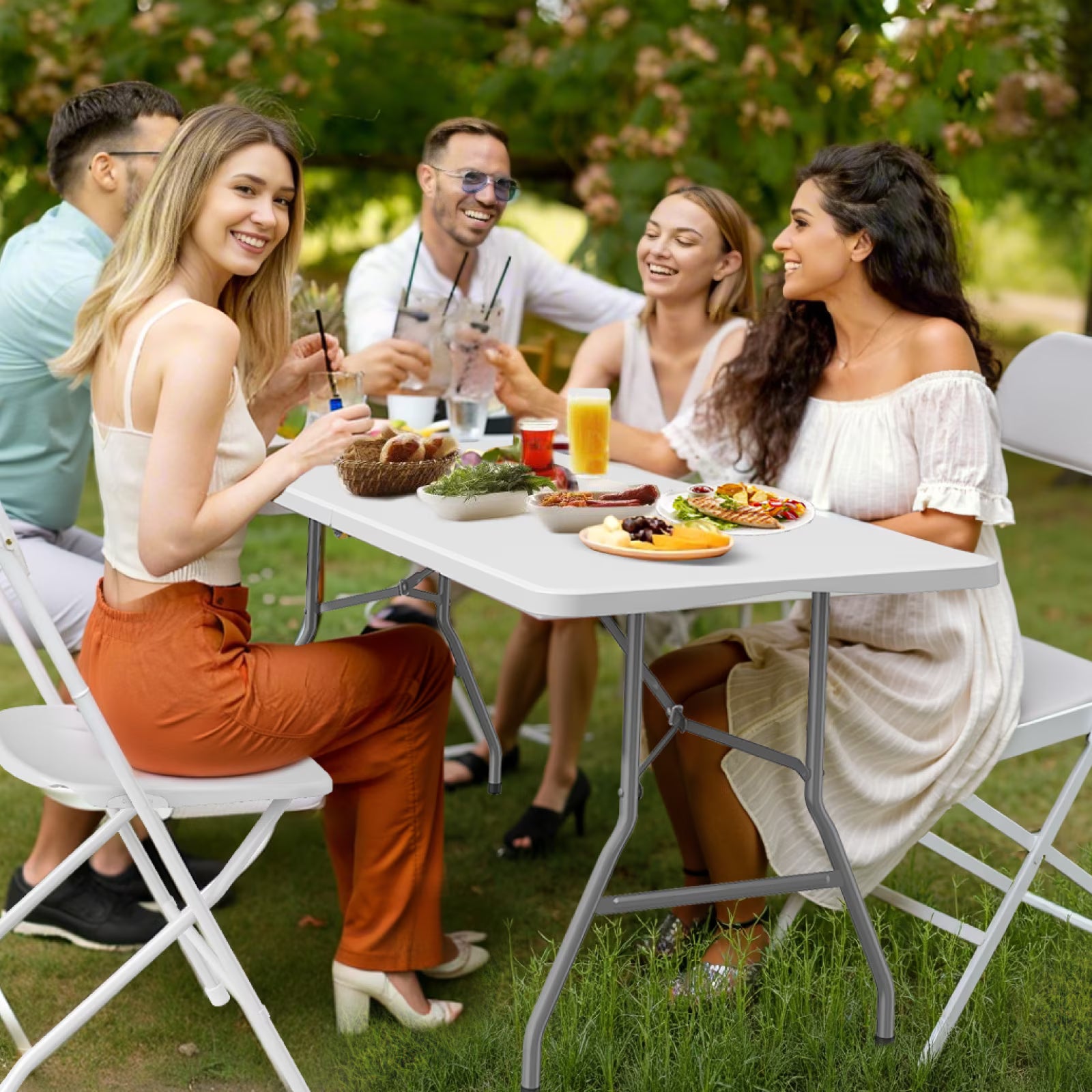 OROFULL 6FT Folding Picnic Table and Bench Set with Hdpe& Steel Frame for Indoor Outdoor Dining Camping Party Patio,White