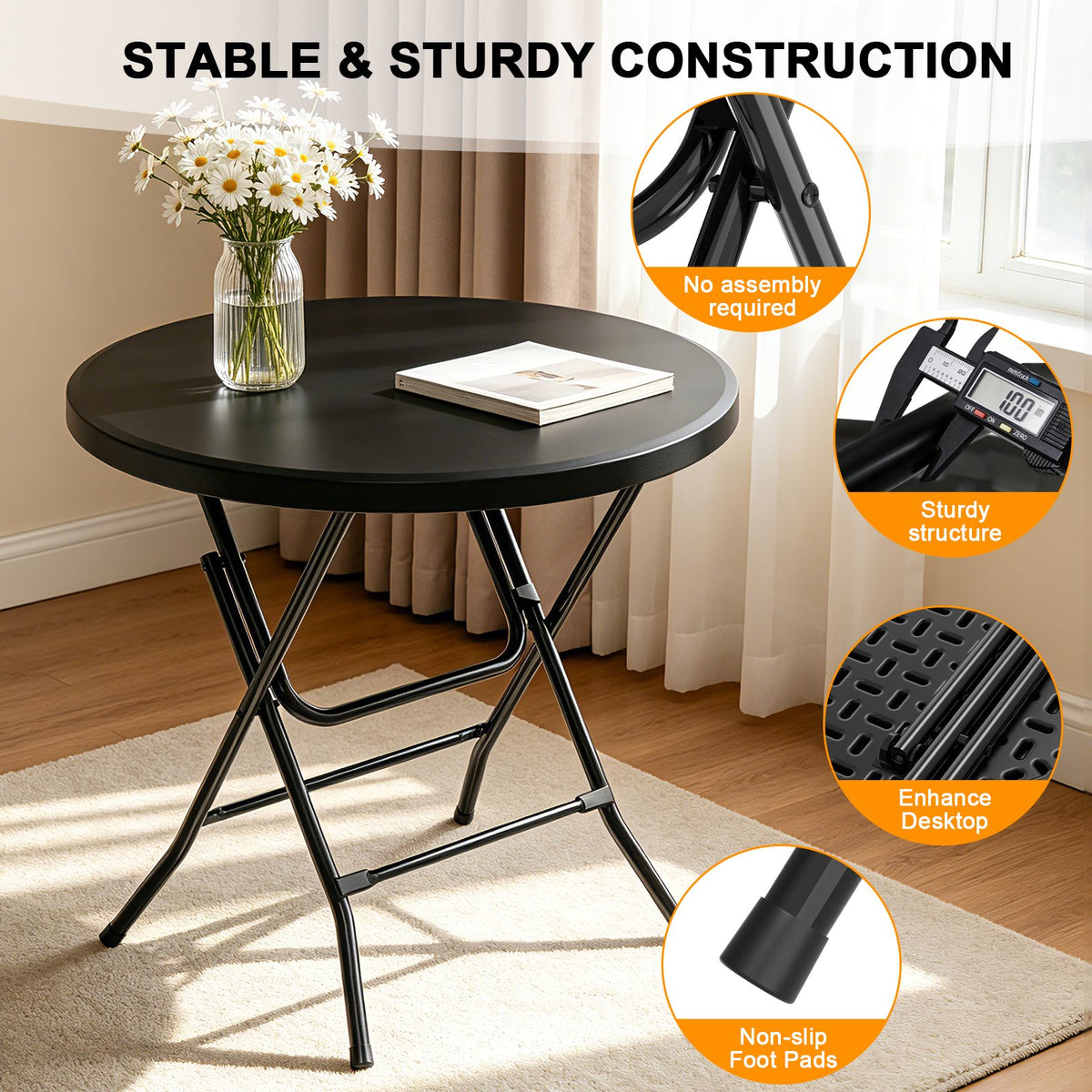 OROFULL 32 inch Round Folding Table 2 Pack,Hdpe Portable Plastic Desk for Indoor Outdoor Picnic, Camping, Banquet & Party Use, Black