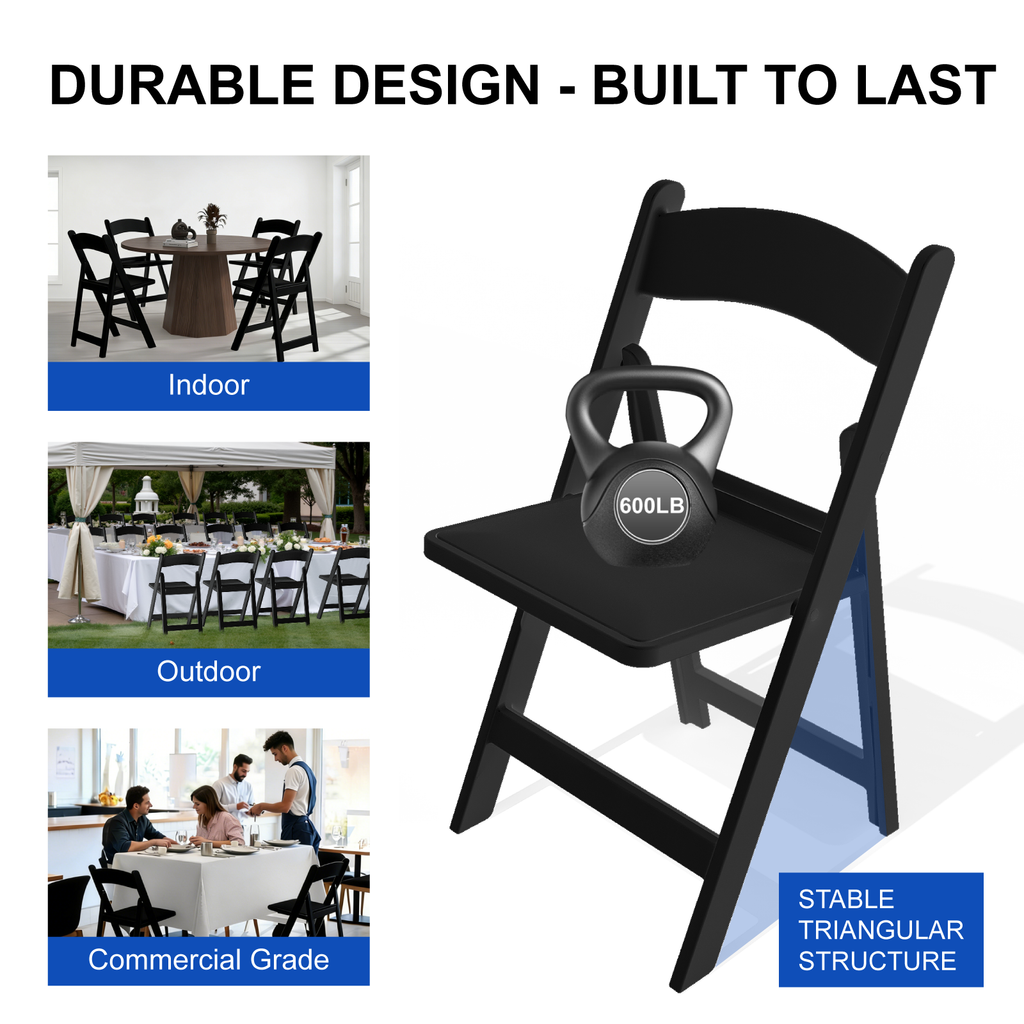 OROFULL 4 Pack Black Resin Folding Chairs with Cushioned Seat, Heavy Duty Foldable Chair for Wedding Party Event Home Indoor Outdoor Use