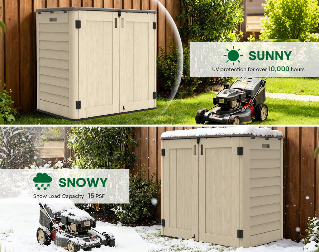 OROFULL 30 Cu.Ft Outdoor Storage Shed, Waterproof Resin Horizontal Cabinet with Lockable Doors for Patio, Backyard & Garden Tools, Khaki