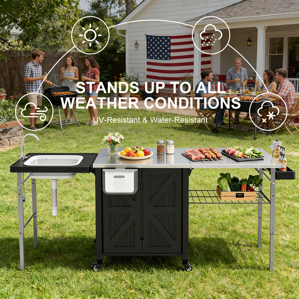 OROFULL 3-in-1 Outdoor Grill Cart with Storage Cabinet, Movable BBQ Prep Station with Stainless Steel Tabletop & Foldable Sink for Patio, Black