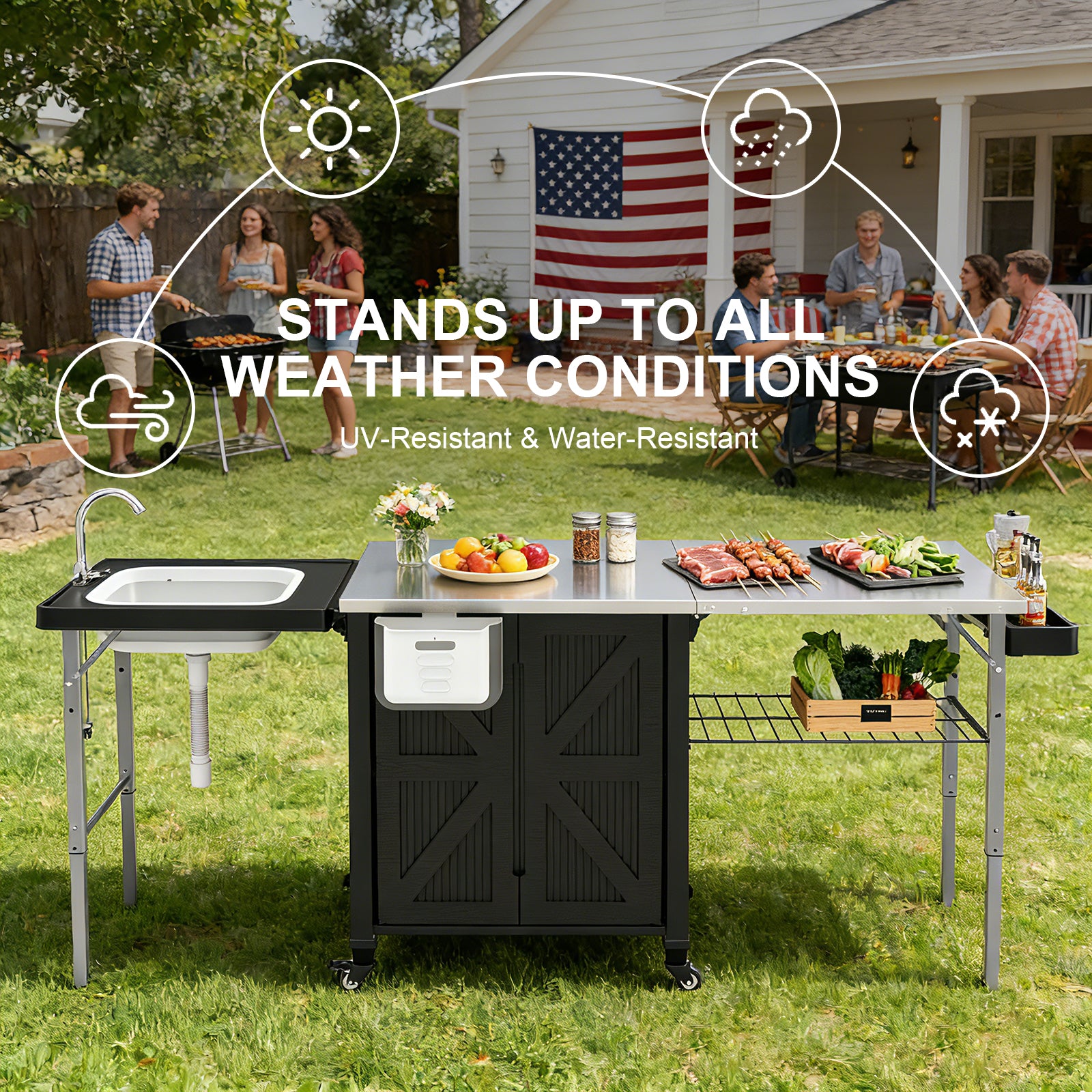 OROFULL 3-in-1 Outdoor Grill Cart with Storage Cabinet, Movable BBQ Prep Station with Stainless Steel Tabletop & Foldable Sink for Patio, Black
