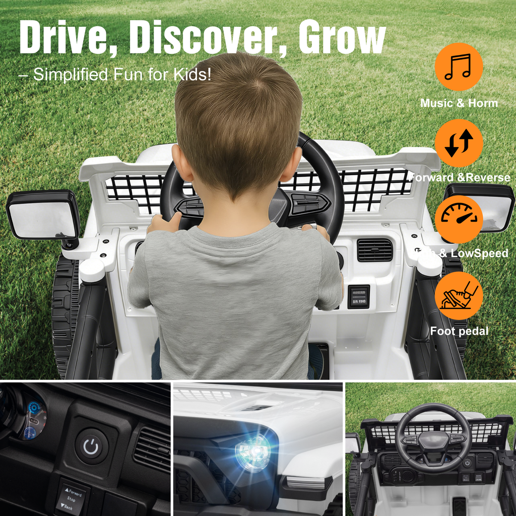 OROFULL 12V Electric Ride On Car, Kids Ride On Truck Toy with Remote Control, Double Doors and Music for Toddlers, Boys and Girls,White