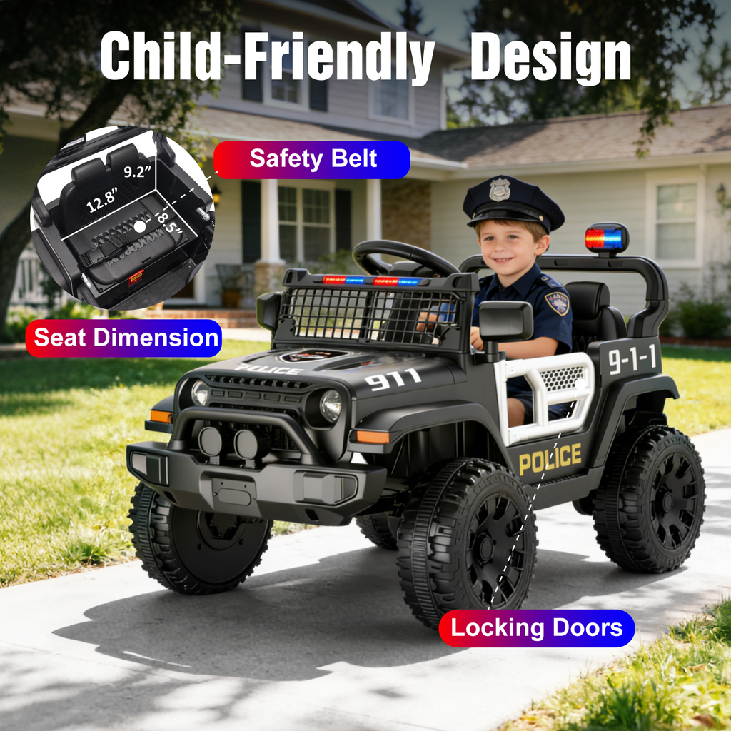 OROFULL 12V Electric Police Car, Kids Ride On Car with Remote Control, Double Doors and Music for Toddlers, Boys and Girls,Black