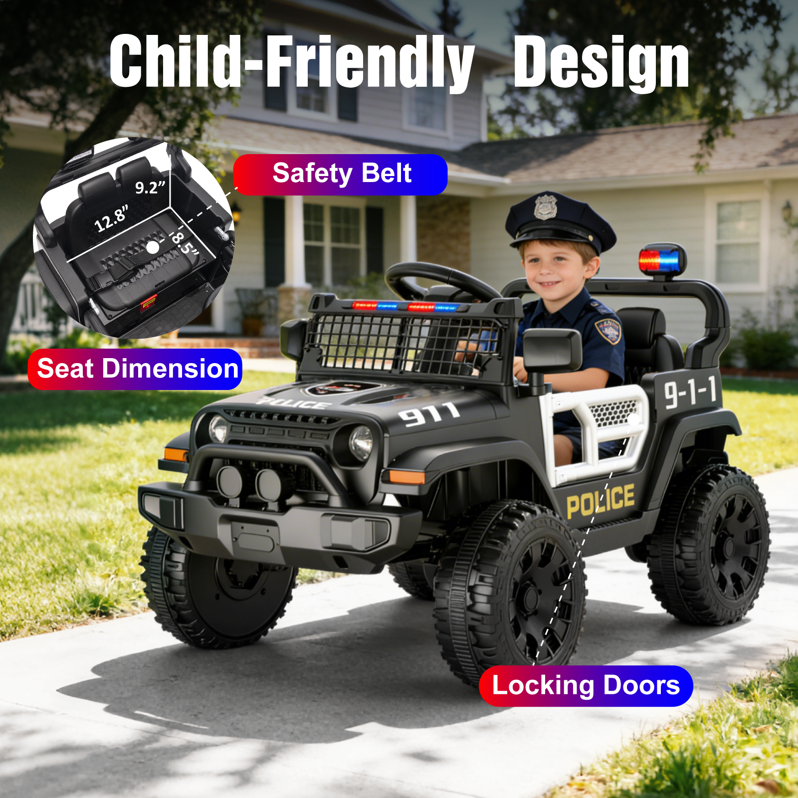 OROFULL 12V Electric Police Car, Kids Ride On Car with Remote Control, Double Doors and Music for Toddlers, Boys and Girls,Black