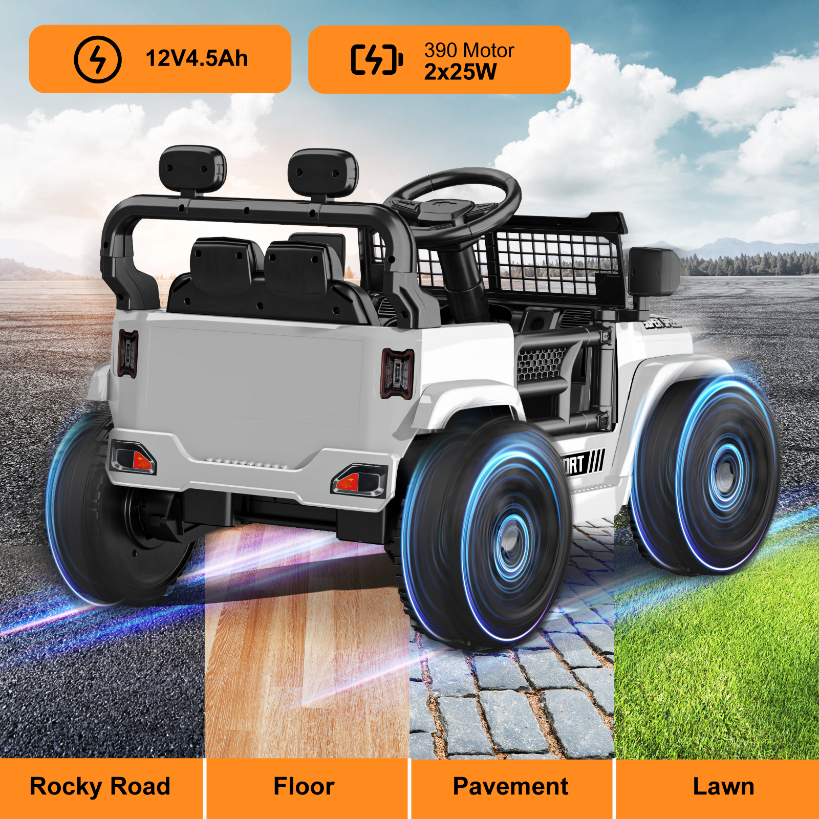 OROFULL 12V Electric Ride On Car, Kids Ride On Truck Toy with Remote Control, Double Doors and Music for Toddlers, Boys and Girls,White