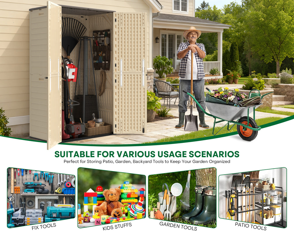 OROFULL 5x3 FT Outdoor Storage Shed, Waterproof Resin Tool Shed with Lockable Door & Reinforced Floor, All-Weather Shed for Patio Garage Garden Khaki
