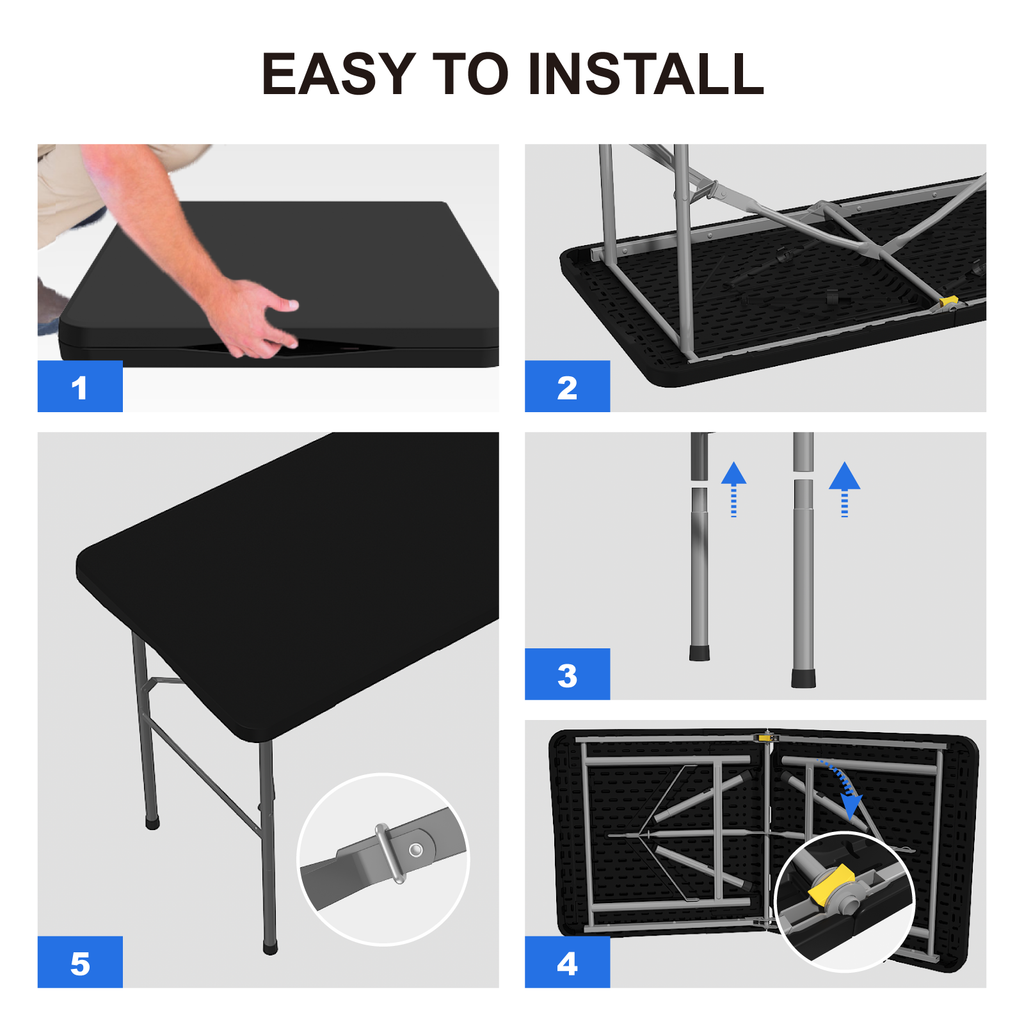 OROFULL 4 FT Folding Table, Heavy Duty HDPE Plastic Portable Foldable Table with Safety Lock & Carry Handle for Indoor Outdoor Party Camping Picnic Dining, Black