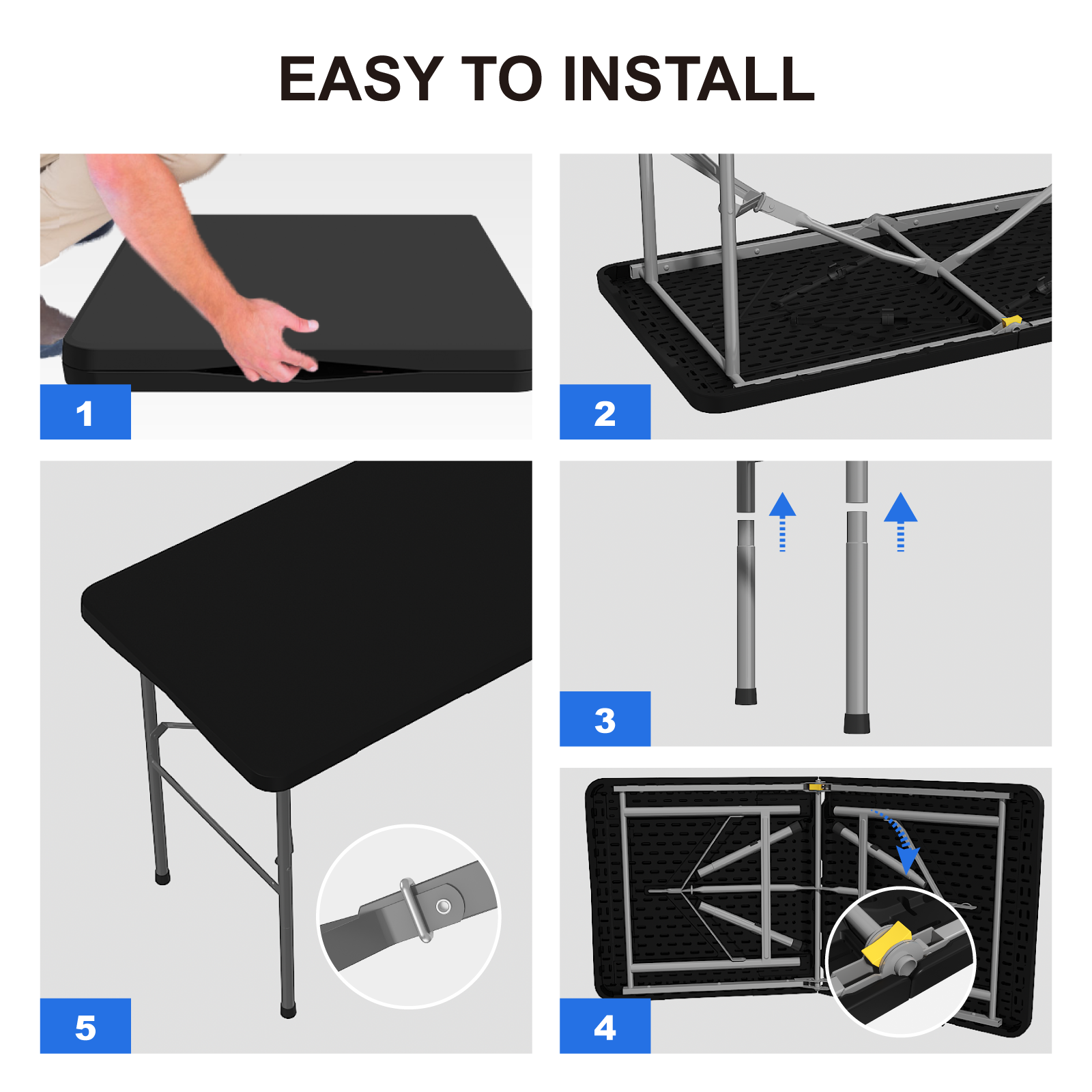 OROFULL 4 FT Folding Table, Heavy Duty HDPE Plastic Portable Foldable Table with Safety Lock & Carry Handle for Indoor Outdoor Party Camping Picnic Dining, Black