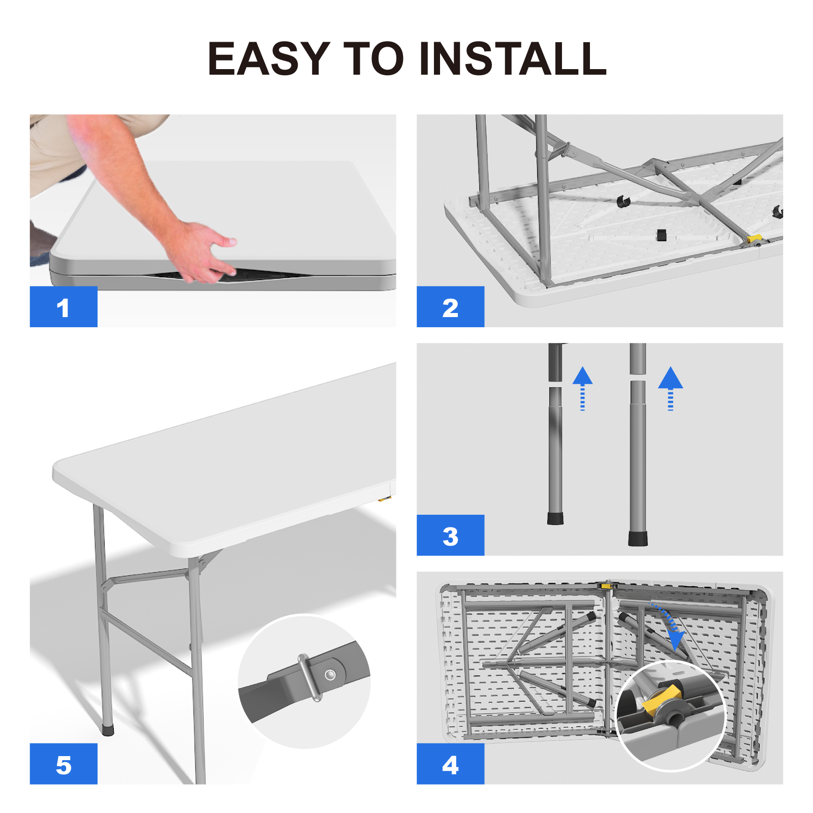 OROFULL 4 FT Folding Table, Heavy Duty HDPE Plastic Portable Foldable Table with Safety Lock & Carry Handle for Indoor Outdoor Party Camping Picnic Dining, White
