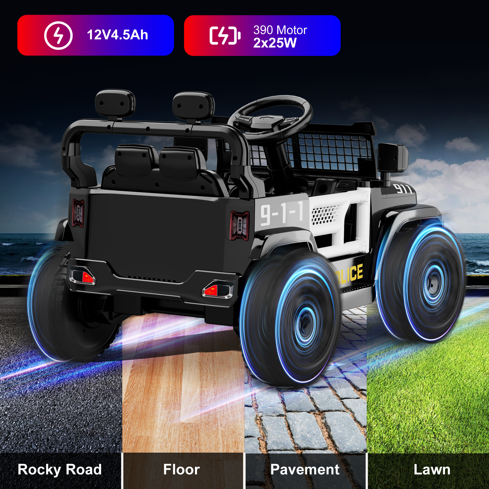 OROFULL 12V Electric Police Car, Kids Ride On Car with Remote Control, Double Doors and Music for Toddlers, Boys and Girls,Black