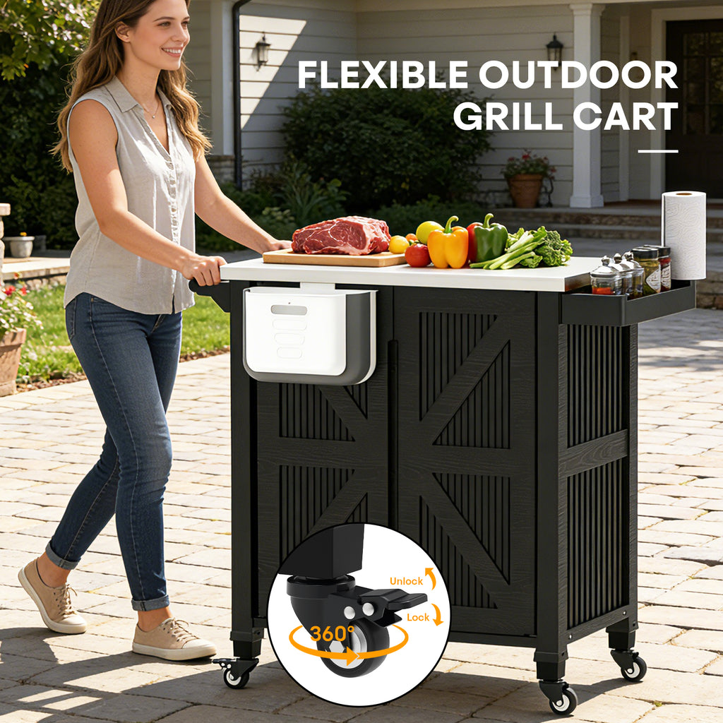 OROFULL Outdoor Grill Cart with Stainless Steel Tabletop, Movable BBQ Prep Table with Storage Cabinet & Lockable Wheels for Patio, Backyard, Black