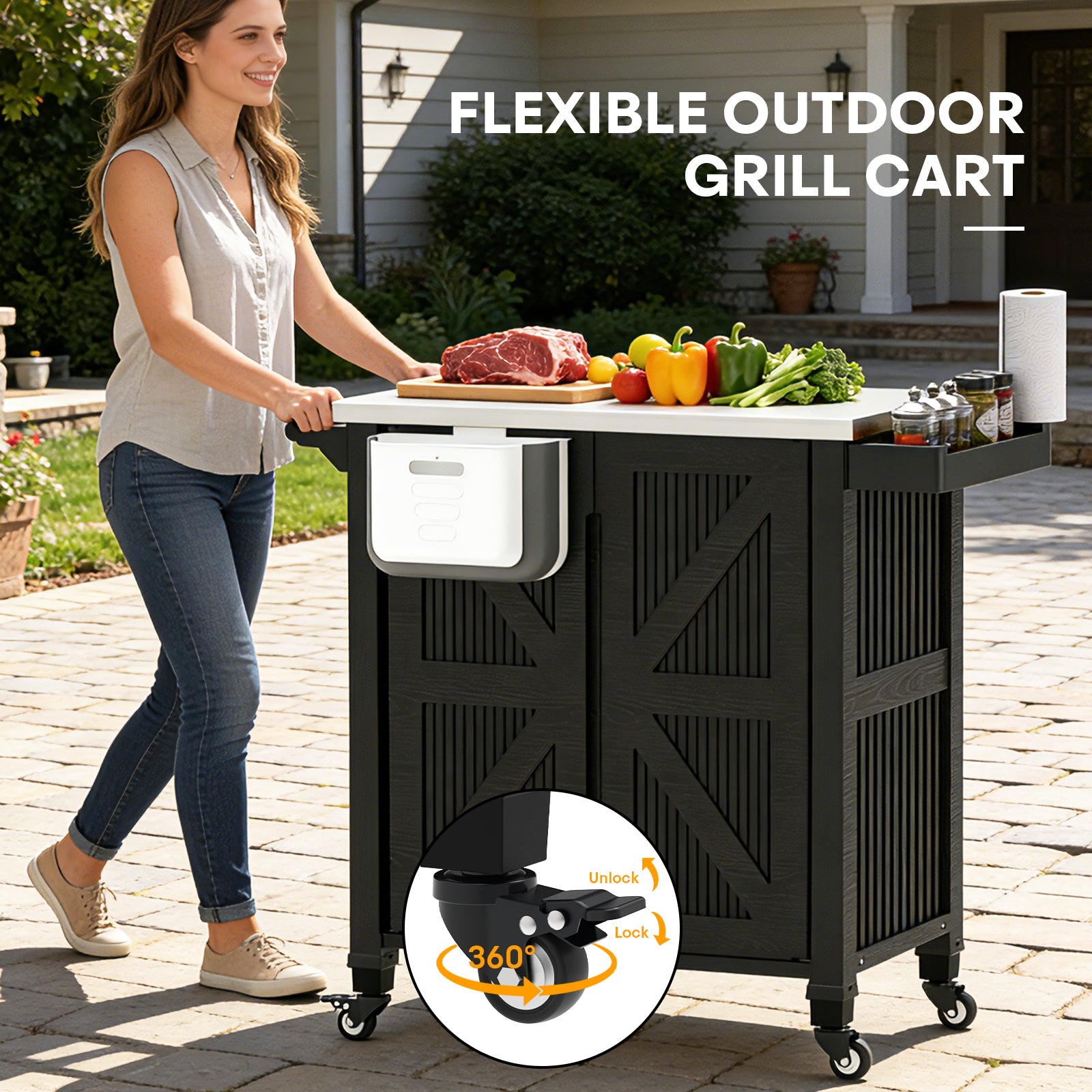 OROFULL Outdoor Grill Cart with Stainless Steel Tabletop, Movable BBQ Prep Table with Storage Cabinet & Lockable Wheels for Patio, Backyard, Black