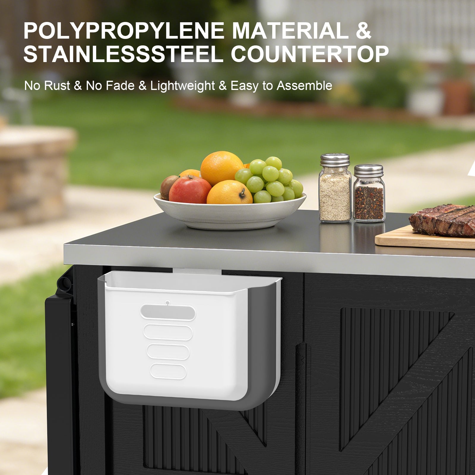 OROFULL 3-in-1 Outdoor Grill Cart with Storage Cabinet, Movable BBQ Prep Station with Stainless Steel Tabletop & Foldable Sink for Patio, Black
