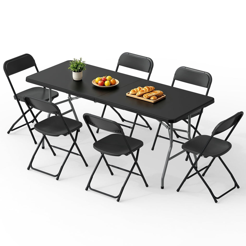 OROFULL 6FT Folding Table Set with 6 Chairs, Plastic Portable Dining Table for Party Camping Backyard Events Picnic,Black