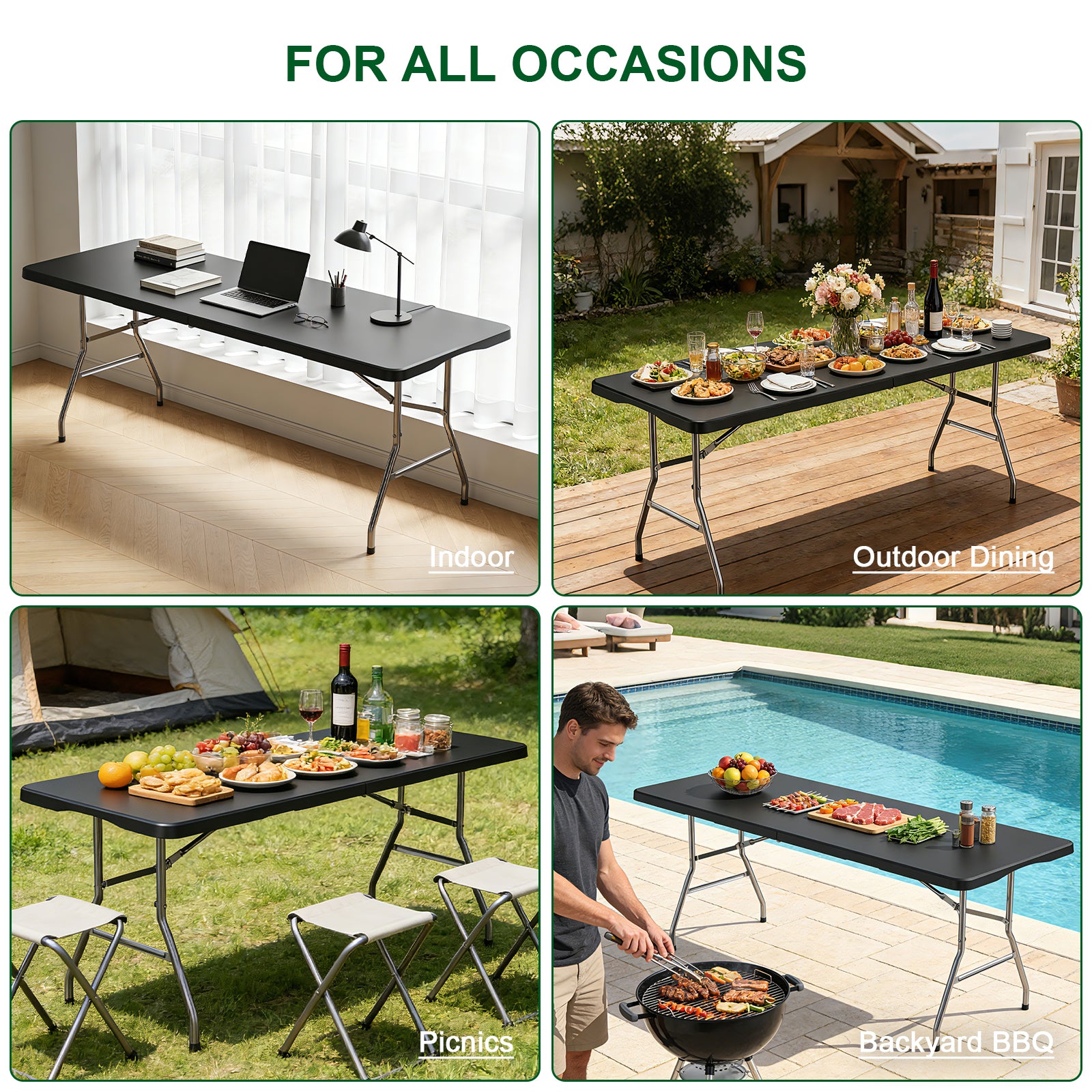 OROFULL 6 Foot Folding Plastic Table, Heavy Duty Portable Indoor Outdoor Dining Table with Carry Handle, Lock Design, Black