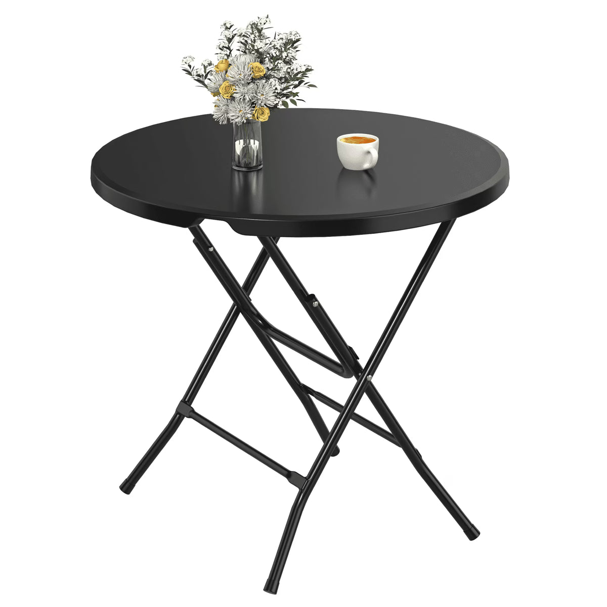 OROFULL 32 inch Round Folding Table, 1 Pack, Hdpe Portable Plastic Desk for Indoor Outdoor Picnic, Camping, Banquet & Party Use,Black