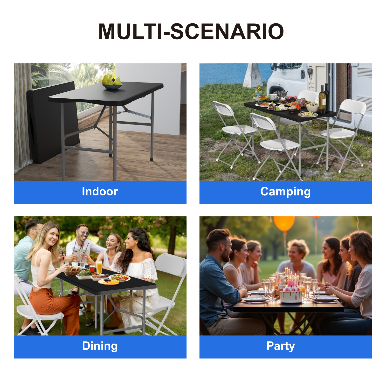 OROFULL 4 FT Folding Table, Heavy Duty HDPE Plastic Portable Foldable Table with Safety Lock & Carry Handle for Indoor Outdoor Party Camping Picnic Dining, Black