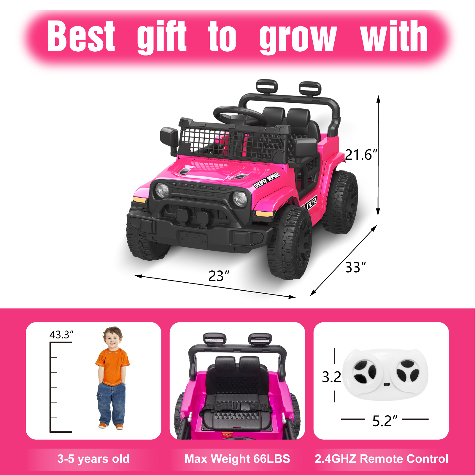 OROFULL 12V Electric Ride On Car, Kids Ride On Truck Toy with Remote Control, Double Doors and Music for Toddlers, Boys and Girls,Pink