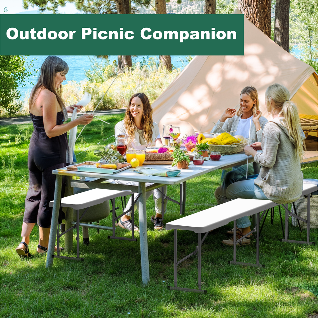 OROFULL 6FT Plastic Folding Bench 2 Pack, HDPE Portable Foldable Bench with Steel Frame for Outdoor Camping Picnic Party Dining, White