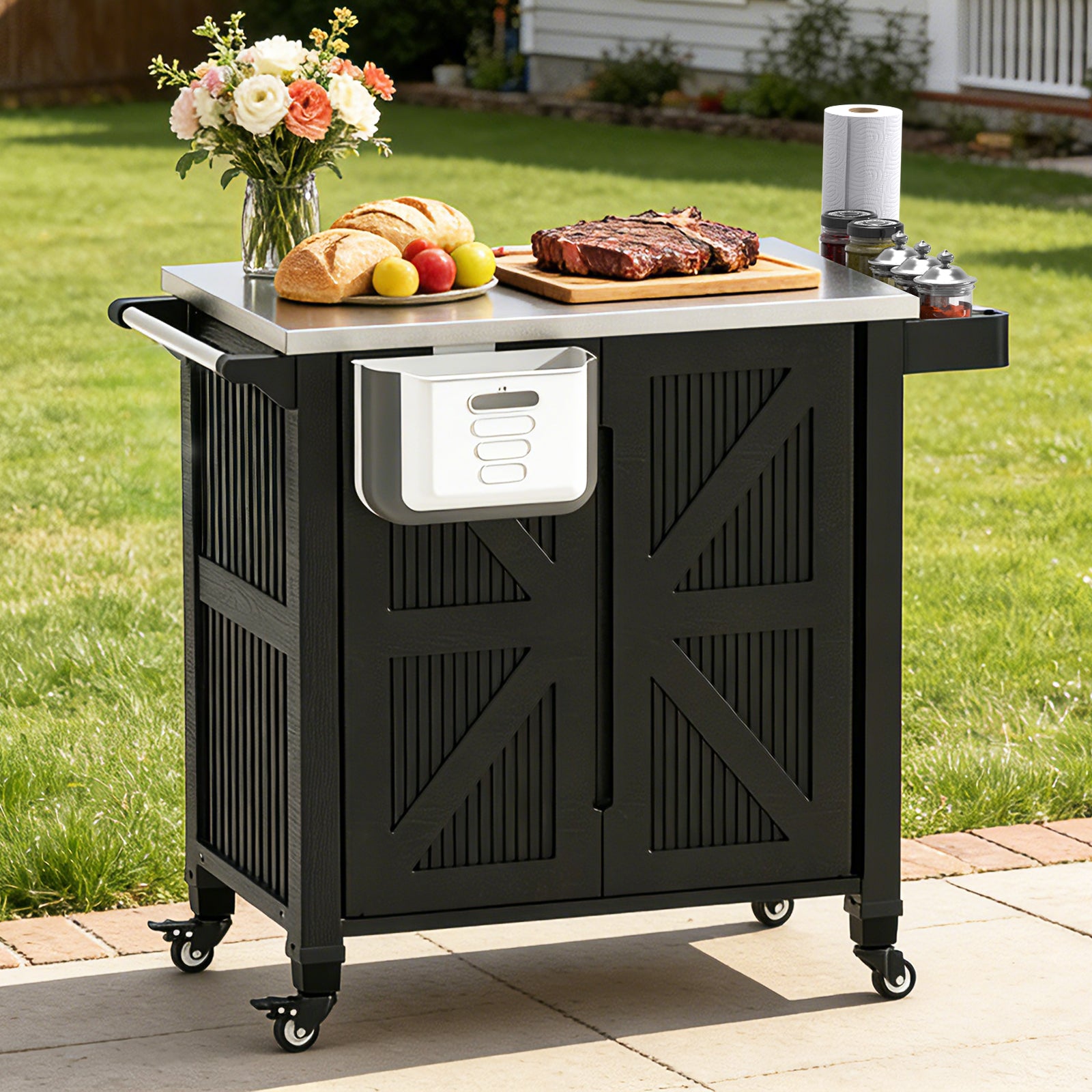 OROFULL Outdoor Grill Cart with Stainless Steel Tabletop, Movable BBQ Prep Table with Storage Cabinet & Lockable Wheels for Patio, Backyard, Black