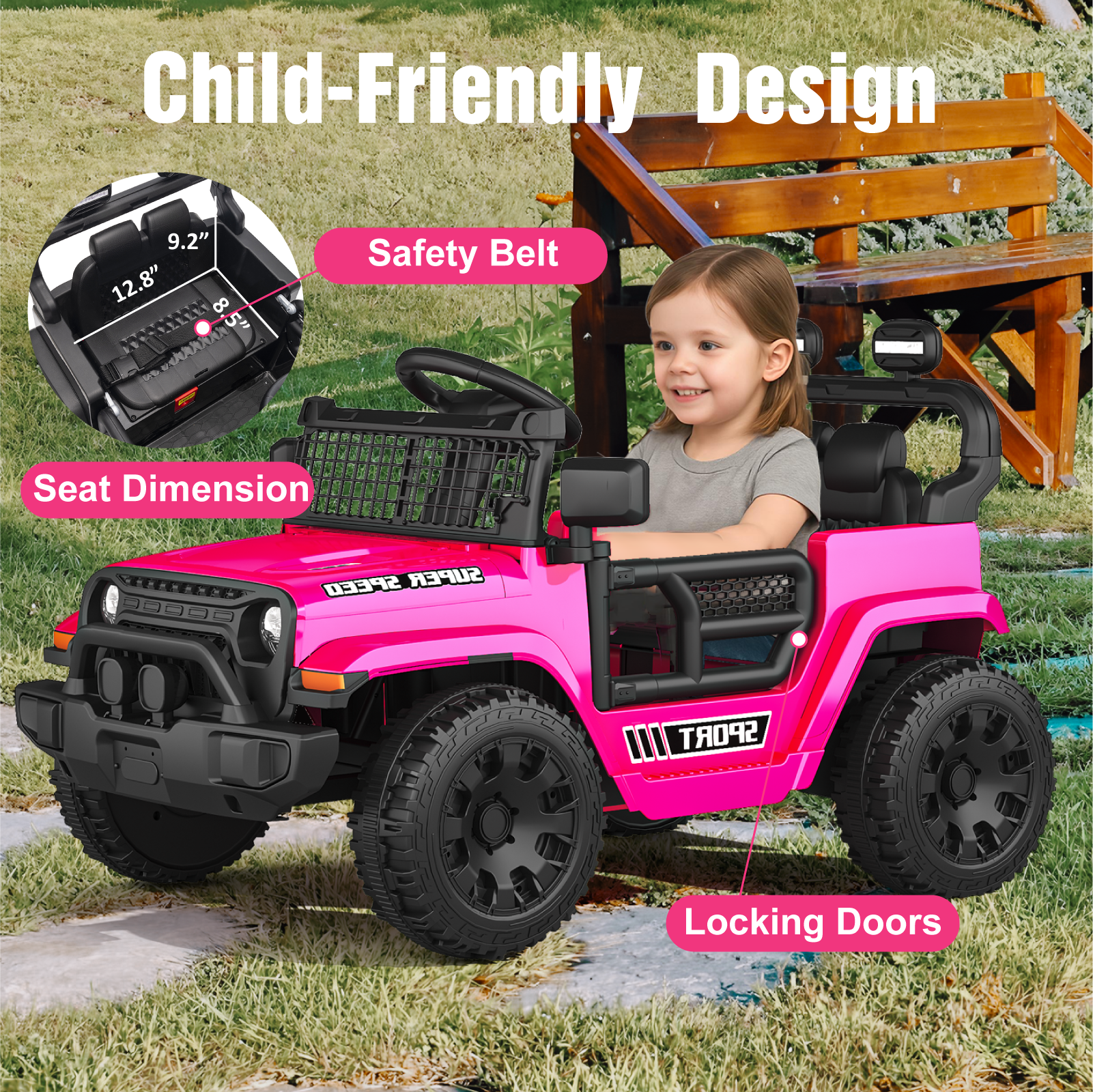 OROFULL 12V Electric Ride On Car, Kids Ride On Truck Toy with Remote Control, Double Doors and Music for Toddlers, Boys and Girls,Pink