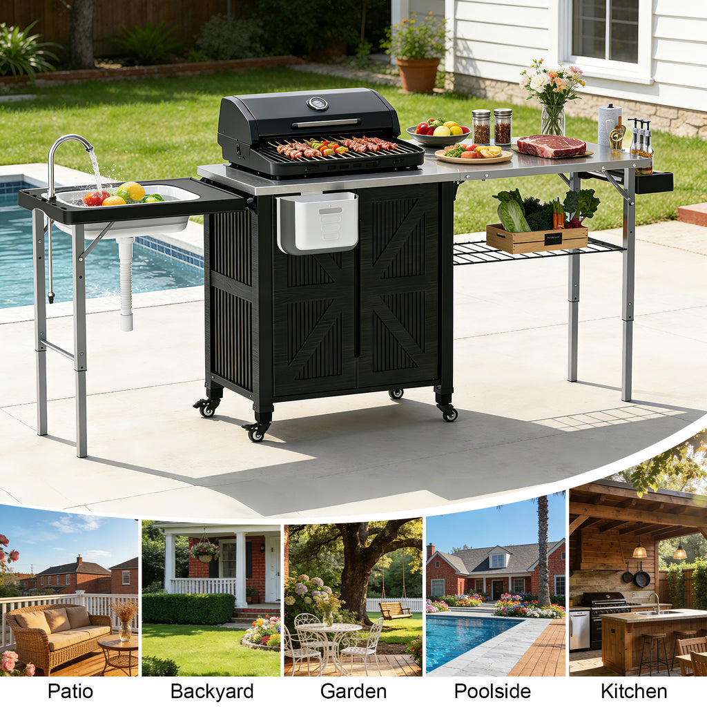 OROFULL 3-in-1 Outdoor Grill Cart with Storage Cabinet, Movable BBQ Prep Station with Stainless Steel Tabletop & Foldable Sink for Patio, Black
