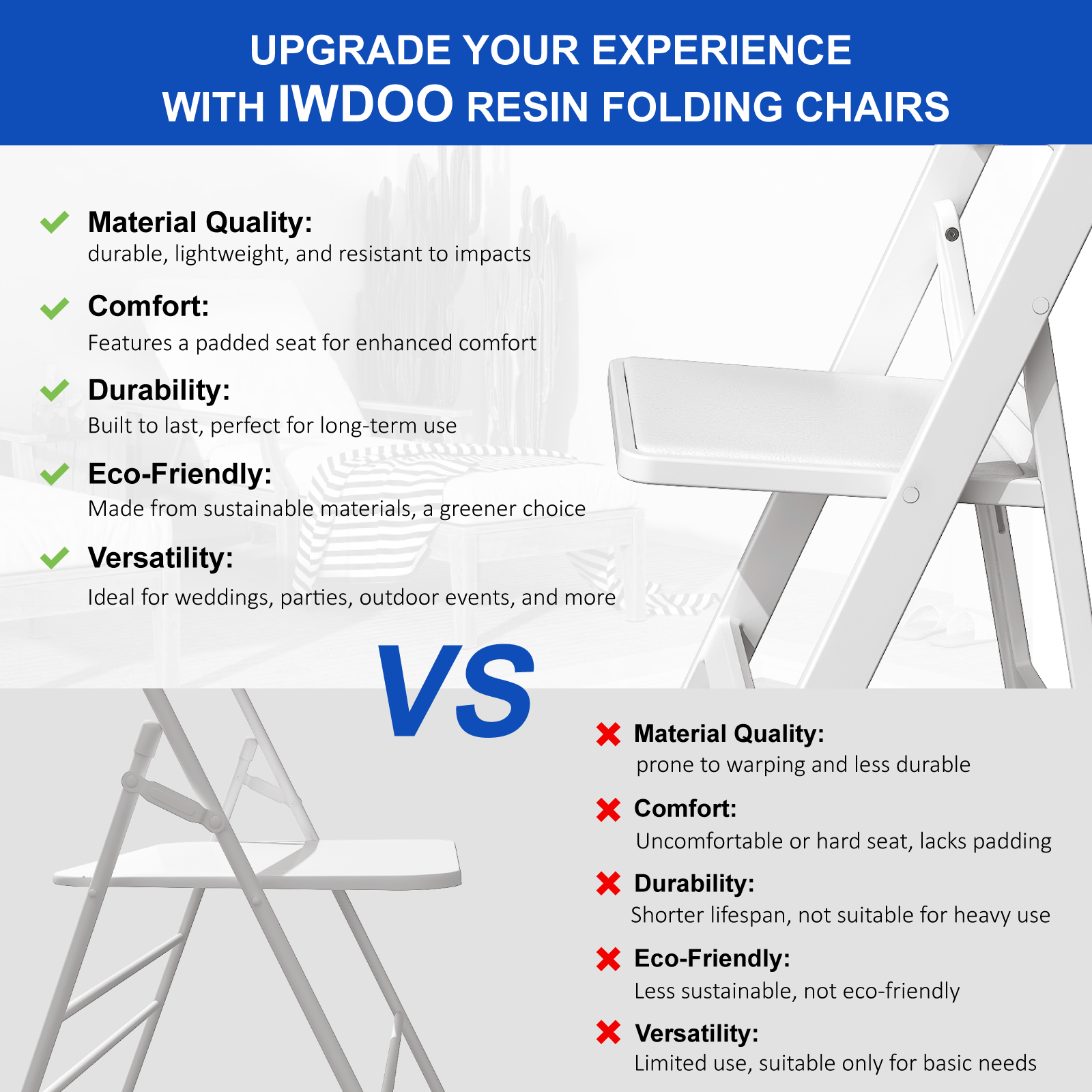 OROFULL 4 Pack White Resin Folding Chairs with Cushioned Seat, Heavy Duty Foldable Chair for Wedding Party Event Home Indoor Outdoor Use