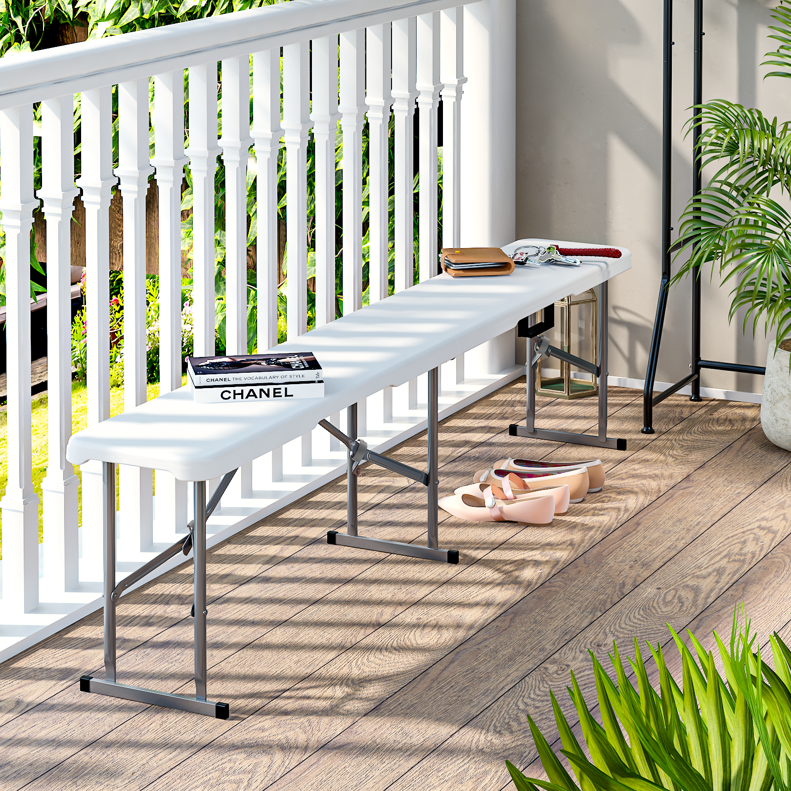 OROFULL 6FT Plastic Folding Bench 2 Pack, HDPE Portable Foldable Bench with Steel Frame for Outdoor Camping Picnic Party Dining, White