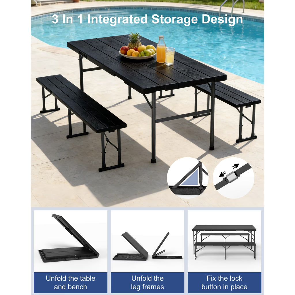 OROFULL 6FT Folding Picnic Table Set, Heavy Duty Portable Table with 2 Benches, Indoor Outdoor Foldable Camping Furniture for Patio BBQ Party Backyard, Black