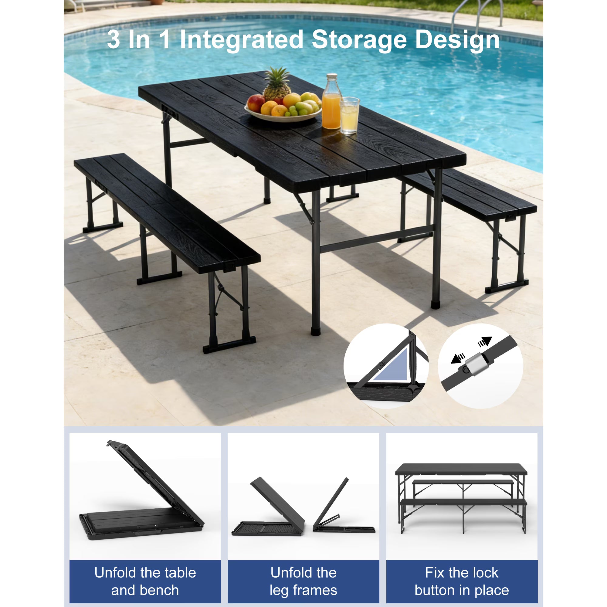 OROFULL 6FT Folding Picnic Table Set, Heavy Duty Portable Table with 2 Benches, Indoor Outdoor Foldable Camping Furniture for Patio BBQ Party Backyard, Black