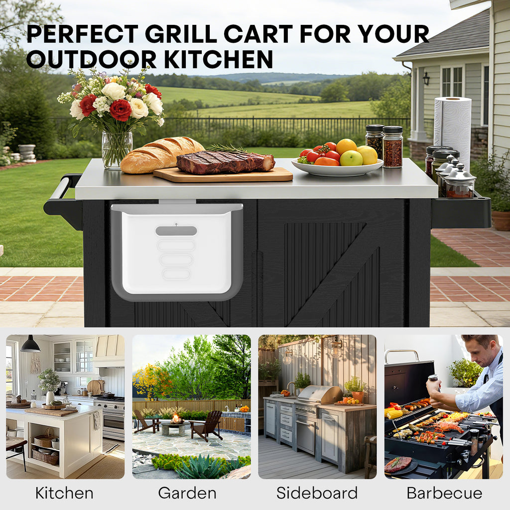 OROFULL Outdoor Grill Cart with Stainless Steel Tabletop, Movable BBQ Prep Table with Storage Cabinet & Lockable Wheels for Patio, Backyard, Black