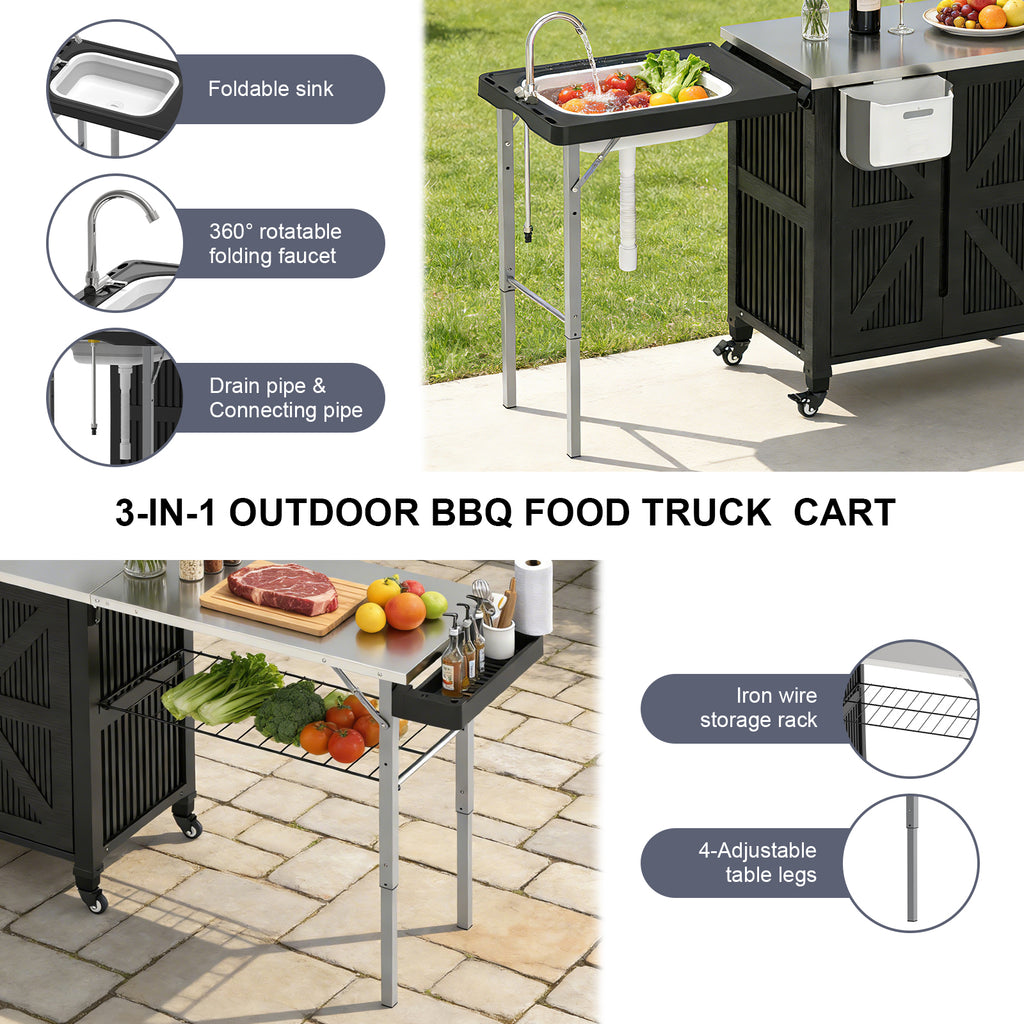 OROFULL 3-in-1 Outdoor Grill Cart with Storage Cabinet, Movable BBQ Prep Station with Stainless Steel Tabletop & Foldable Sink for Patio, Black