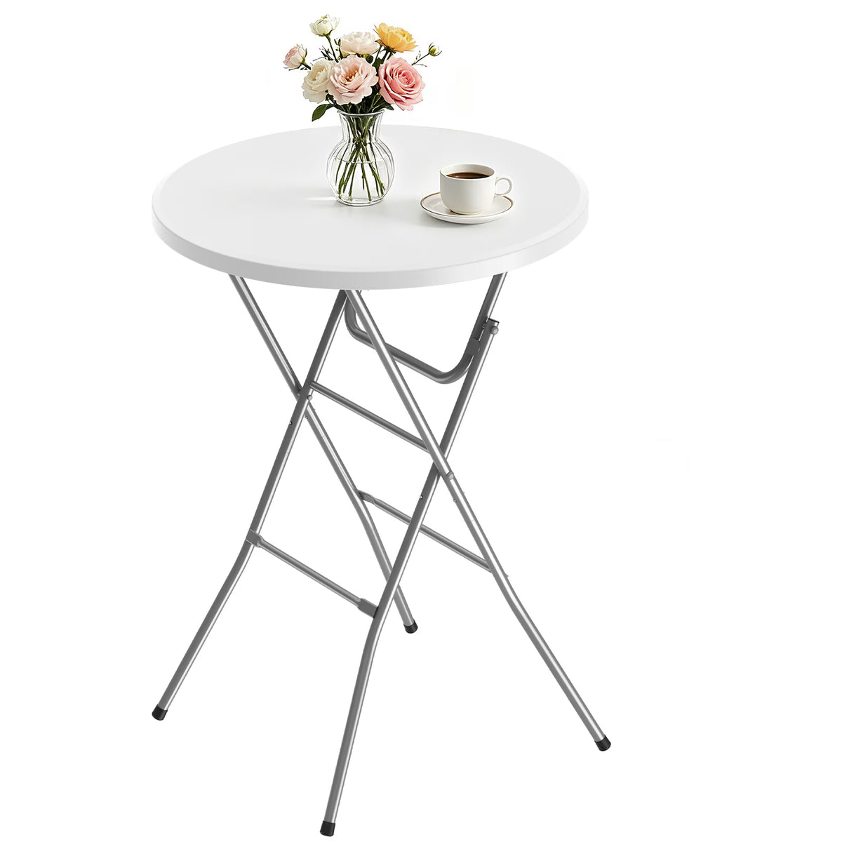 OROFULL 23.6” Round Bar Height Folding Cocktail Table, 1 Pack HDPE High Top Bistro Table with Iron Frame for Indoor Outdoor Party Events, White