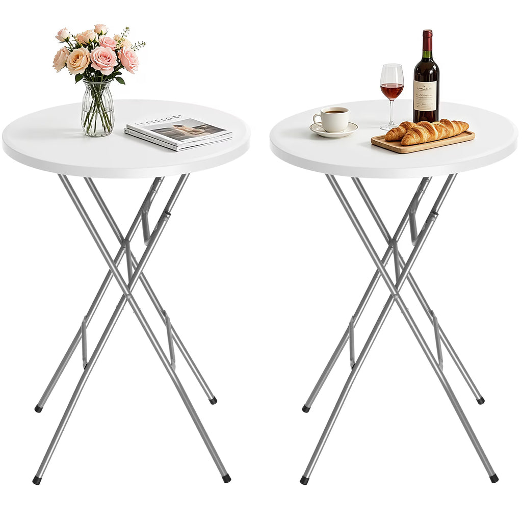 OROFULL 23.6” Round Bar Height Folding Cocktail Table, 2 Pack HDPE High Top Bistro Table with Iron Frame for Indoor Outdoor Party Events, White