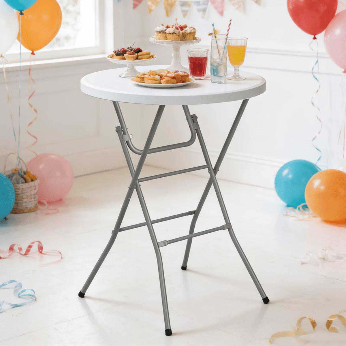 OROFULL 32 Inch Round Bar Height Folding Cocktail Table, Portable High Top Table with Locking Legs for Indoor Outdoor Party Bistro Event, White