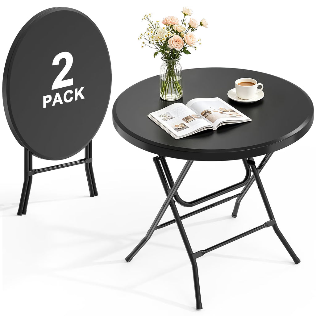 OROFULL 32 inch Round Folding Table 2 Pack,Hdpe Portable Plastic Desk for Indoor Outdoor Picnic, Camping, Banquet & Party Use, Black