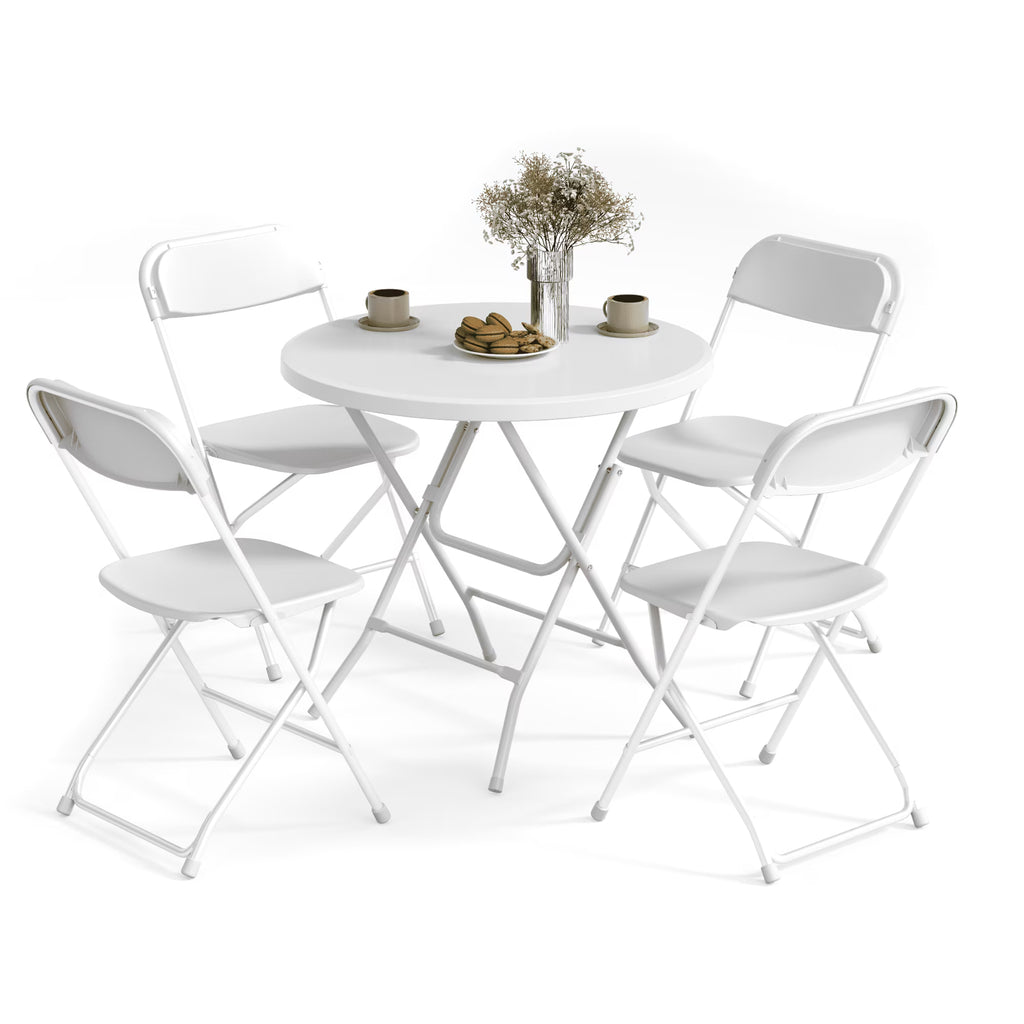OROFULL 32in Round Folding Table Set with 4 Chairs, Plastic Portable Dining Table for Party Camping Backyard Events Picnic,White