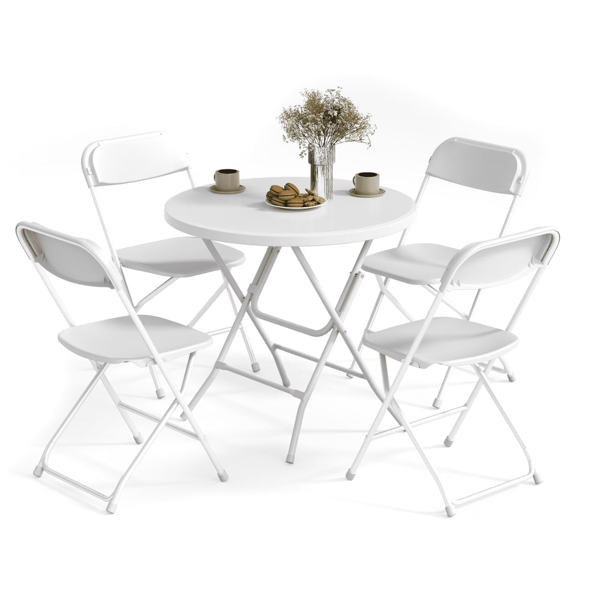 OROFULL 32in Round Folding Table Set with 4 Chairs, Plastic Portable Dining Table for Party Camping Backyard Events Picnic,White