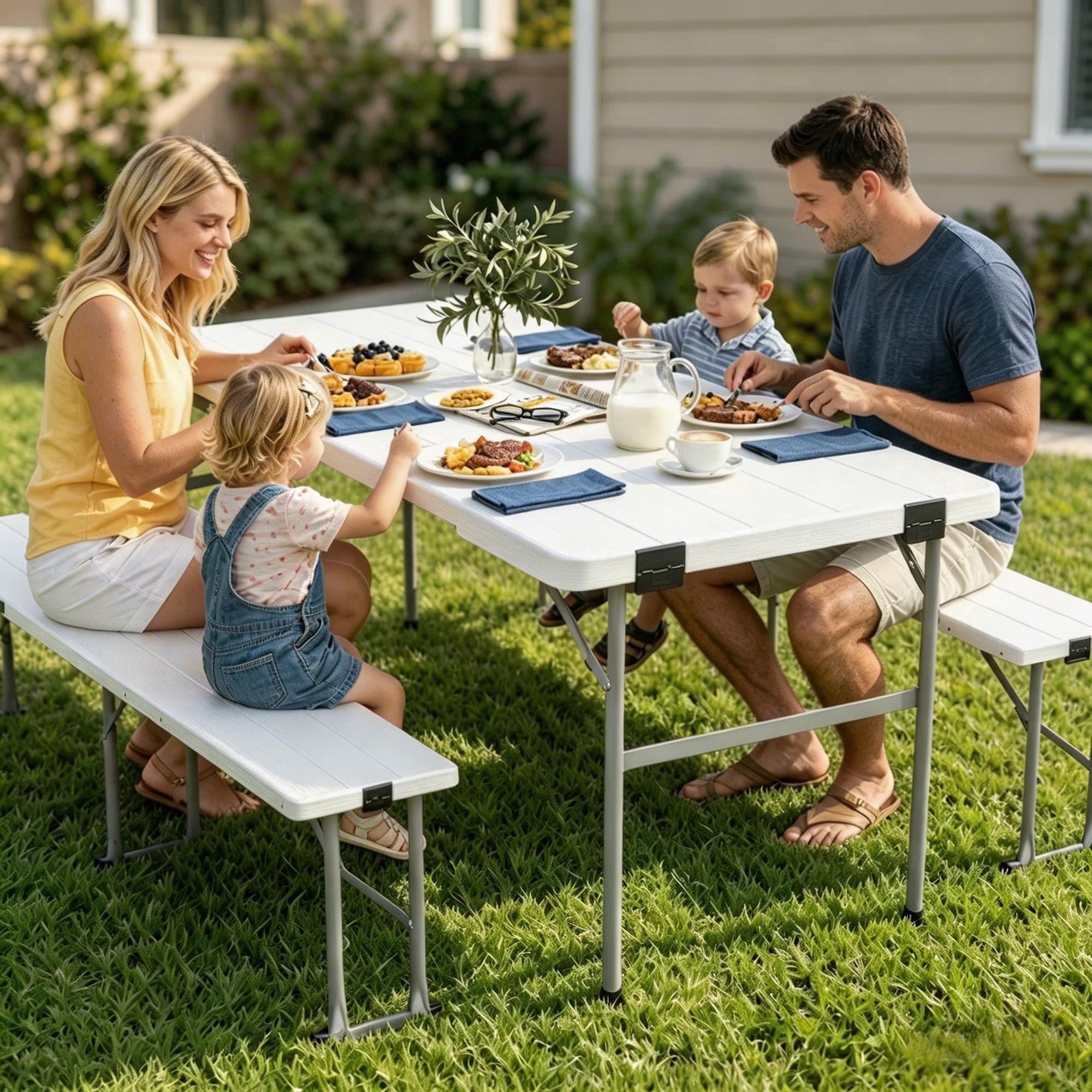 OROFULL 6FT Folding Picnic Table Set, Heavy Duty Portable Table with 2 Benches, Indoor Outdoor Foldable Camping Furniture for Patio BBQ Party Backyard, White
