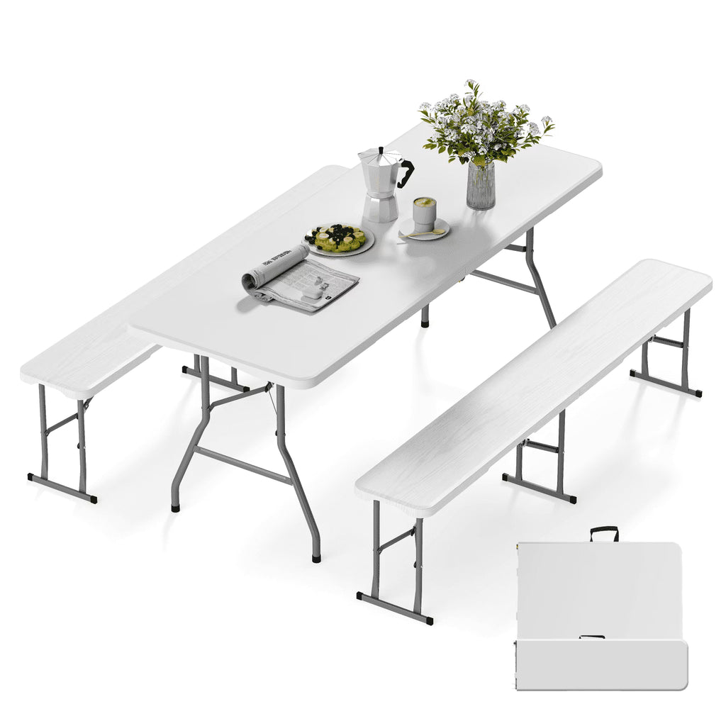 OROFULL 6FT Folding Picnic Table and Bench Set with Hdpe& Steel Frame for Indoor Outdoor Dining Camping Party Patio,White