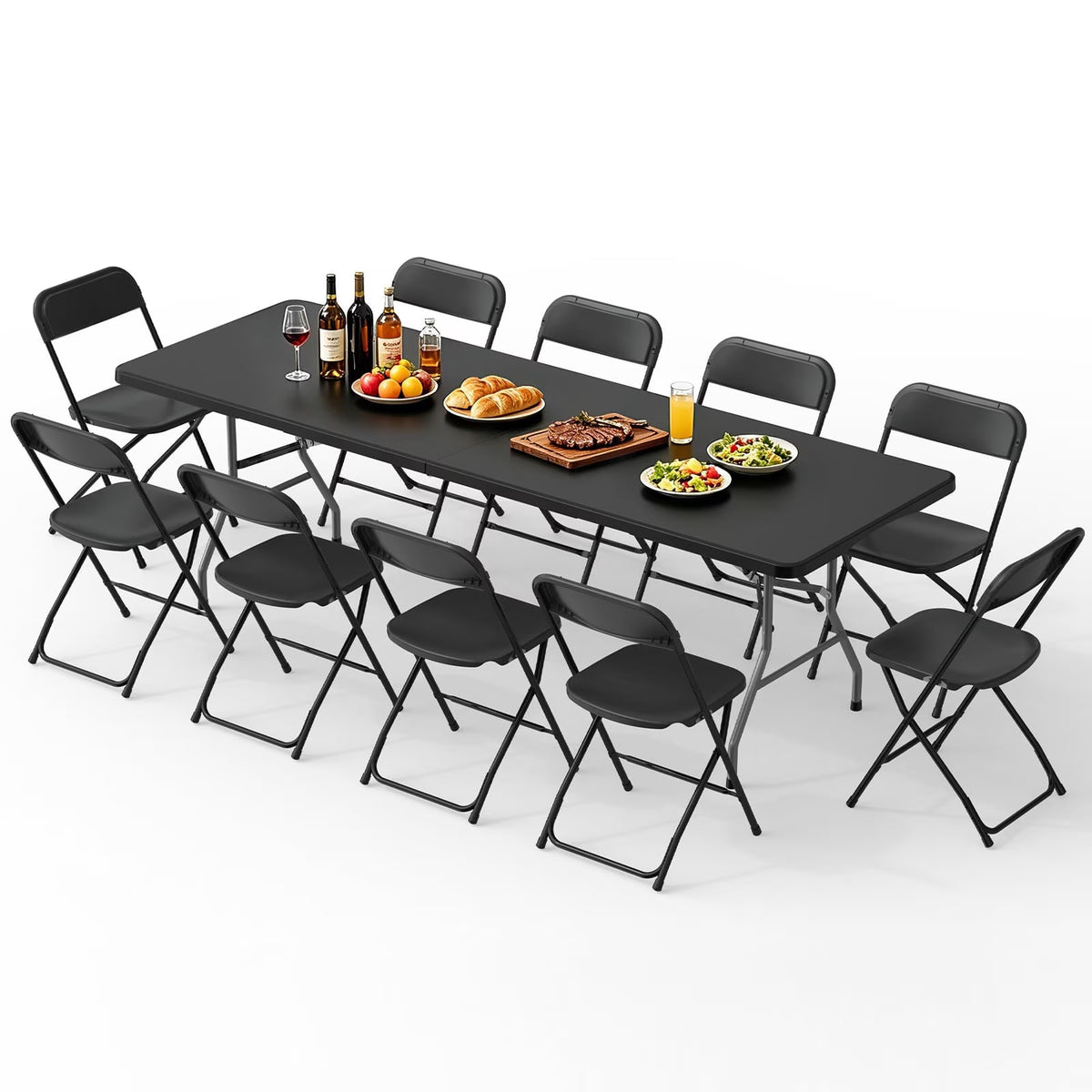 OROFULL 8FT Folding Table Set with 10 Chairs, Plastic Portable Dining Table for Party Camping Backyard Events Picnic,Black