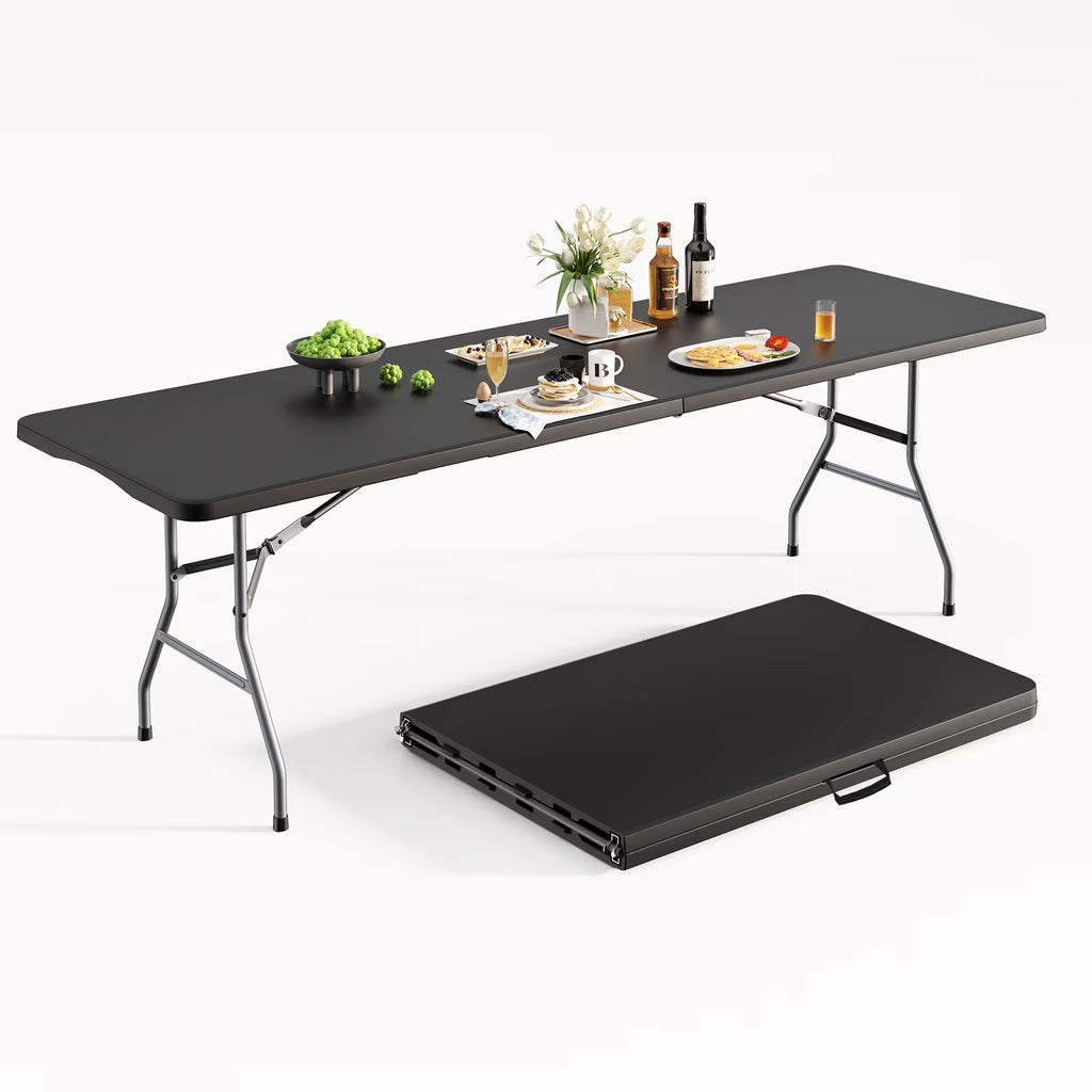 OROFULL 8ft Folding Table, Heavy Duty Plastic Foldable Table with Carry Handle, Indoor Outdoor Utility Table for Party Camping Picnic Dining, Black