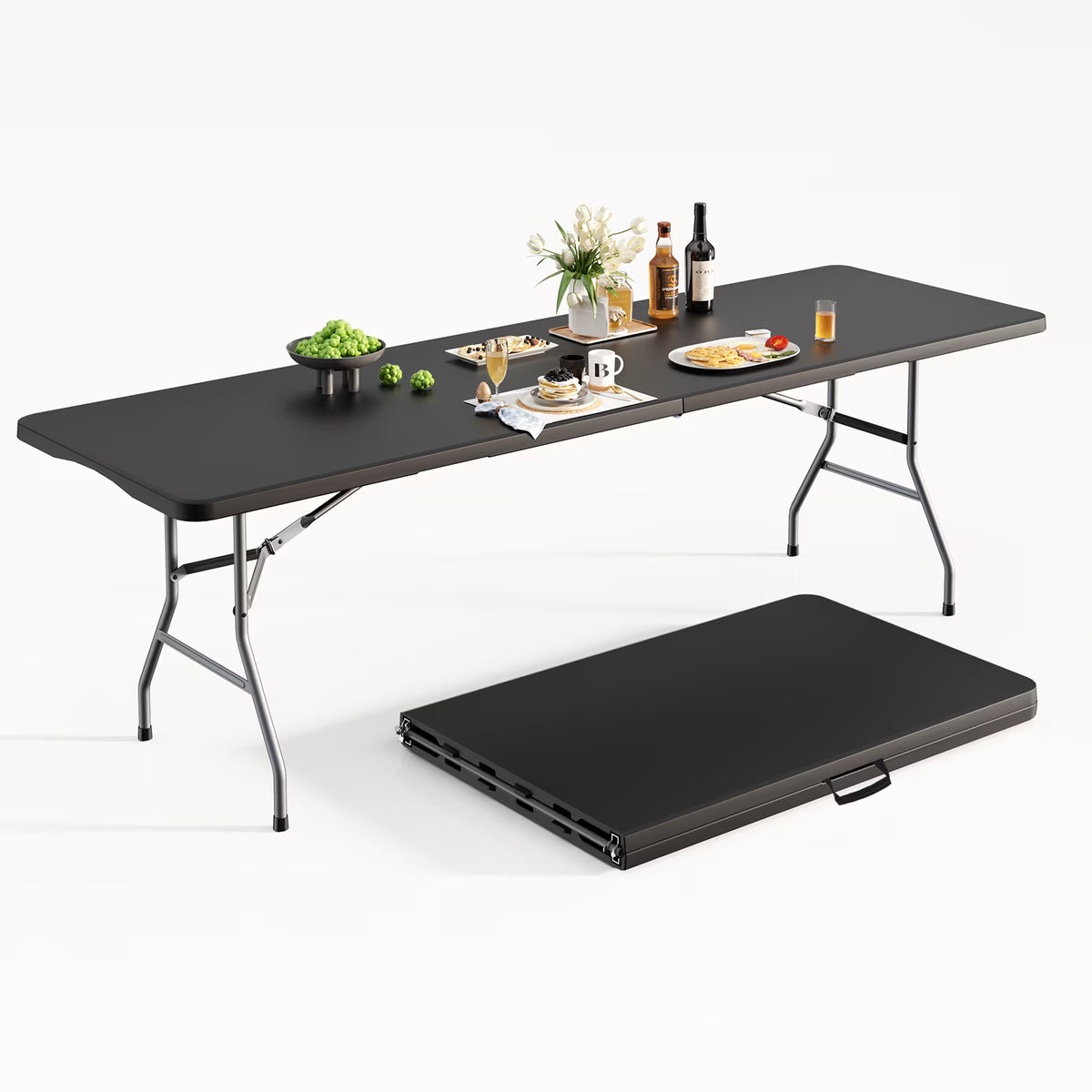 OROFULL 8ft Folding Table, Heavy Duty Plastic Foldable Table with Carry Handle, Indoor Outdoor Utility Table for Party Camping Picnic Dining, Black