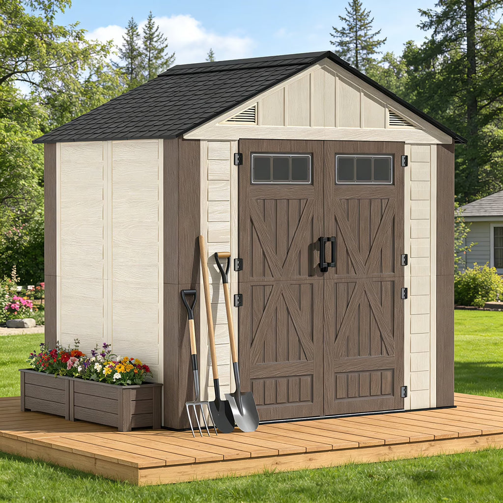 OROFULL 8' x 6' Outdoor Storage Shed, Weatherproof Resin Tool Shed with Built-in Floor, Lockable Doors & Vents for Patio Garden Backyard, Khaki
